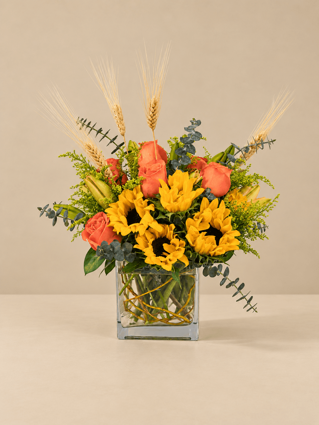 Orange Roses Lilies & Sunflowers